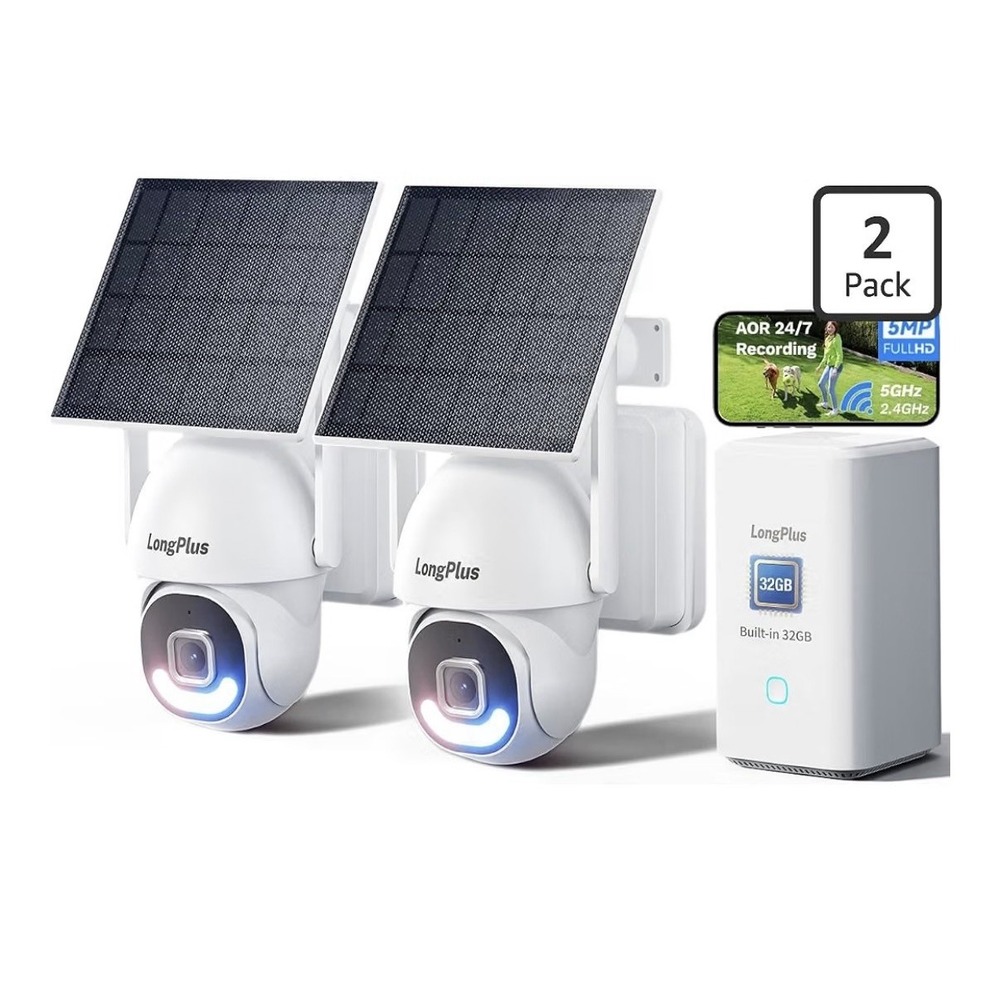 LongPlus SmartCam Home Hub 5MP Solar Security System 2-Cam WiFi6 32GB White